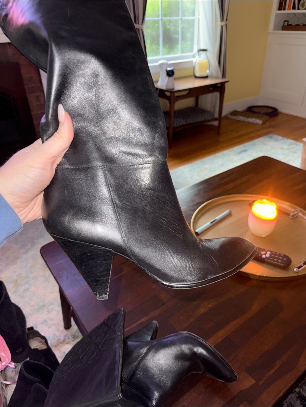 b. makowsky Black Leather Knee-High Boots with Quilted Cuff - Picture 3 of 4
